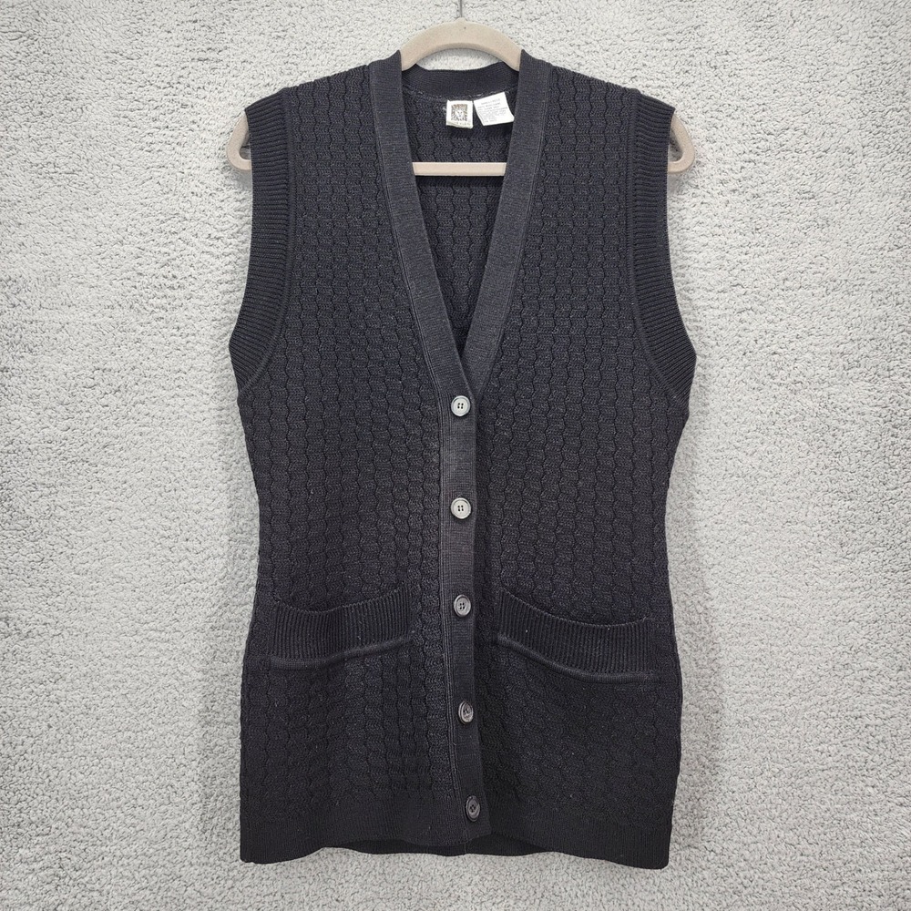 Anne Klein Black 100% Wool Textured Honeycomb Knit Button Front Vest Small Petit